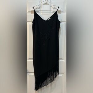 NWT Black Flapper Style Dress Sz 10 Fringe Hem Embroidered Floral Holiday Party